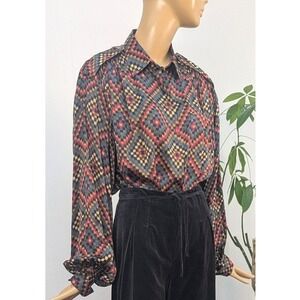 Vintage 70s Ted Lapidus Boutique Haute Couture Paris Silk Blouse Geometric Print